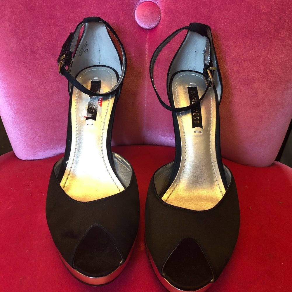 Black Satin 4” Nine West Heel with Ankle Strap - Picture 2 of 4